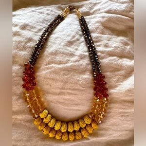 Anthropologie Yellow Amber Brown Faceted Glass & Knotted Fabric Beaded Necklace